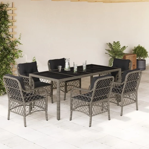 7 Piece Garden Dining Set with Cushions Grey Poly Rattan
