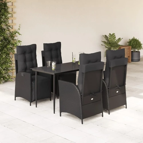 5 Piece Garden Dining Set with Cushions Black Poly Rattan