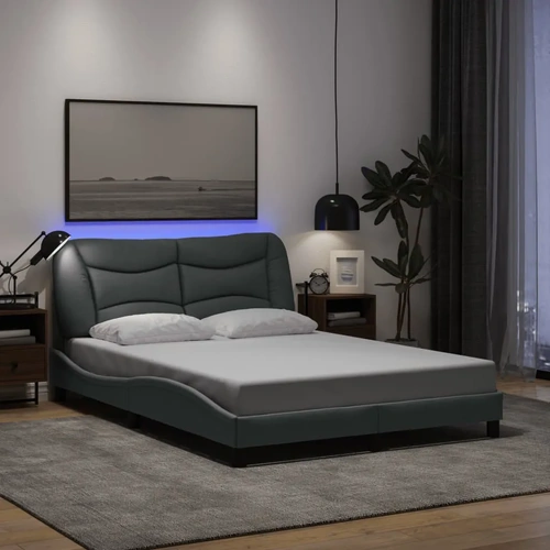 Bed Frame with LED without Mattress "Hvar" Dark Grey 137x190 cm Double Fabric