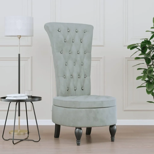 High Back Chair Light Grey Velvet Button Design