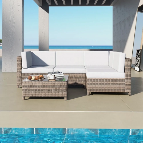 milano outdoor 5 pc rattan sofa set colour oatmeal seat & black coating (5 boxes)