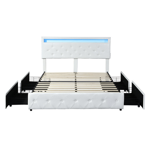  Queen Bed Frame RGB LED PU 4 Drawer USB