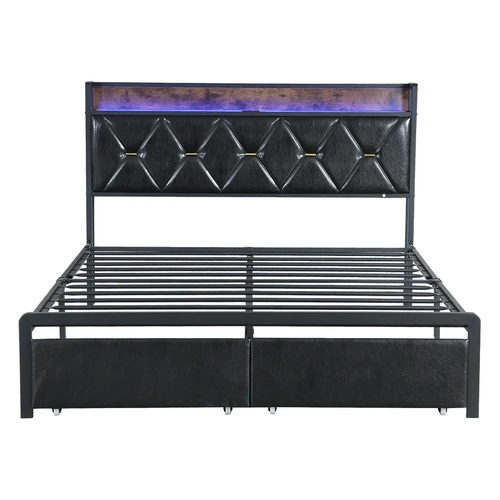 Levede Queen Metal Bed Frame LED Lights 2 Drawers