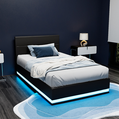 Biddon RGB LED Bed Frame King Single Size Gas Lift Base Storage Leather LUMI 