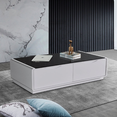 Metro Coffee Table Black Glass & White Painting