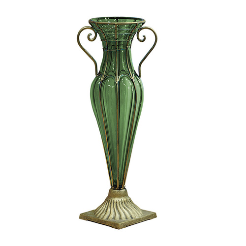  green colored european glass flower vase solid base with two gold metal handle