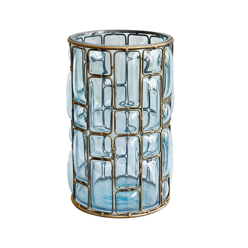  blue colored european glass cylinder flower vase with gold metal pattern