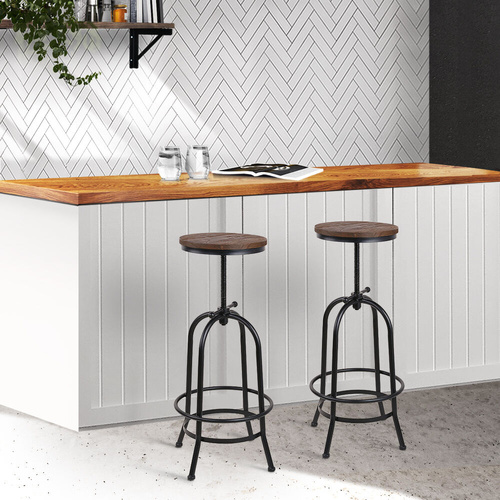 Bar Stool Industrial Round Seat Wood Metal - Black and Brown