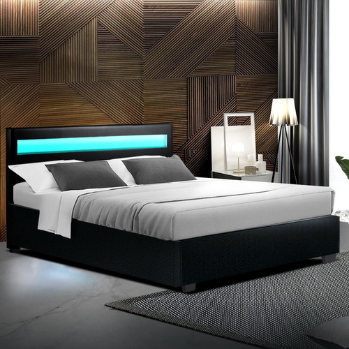 Washpool LED Bed Frame PU Leather Gas Lift Storage