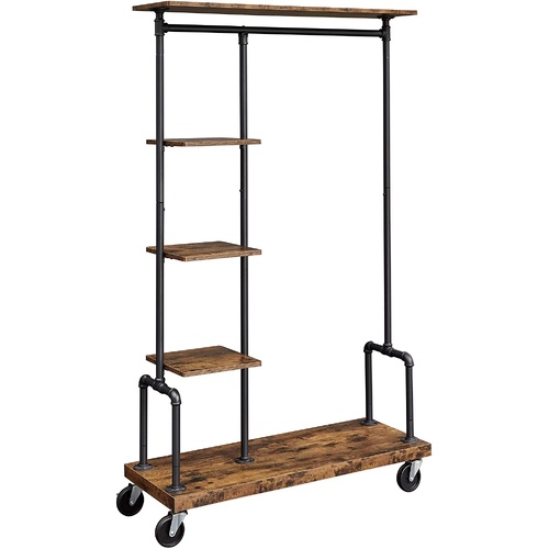 Clothing Garment Rack on Wheels with 5-Tier, Industrial Pipe Style, Rustic Brown