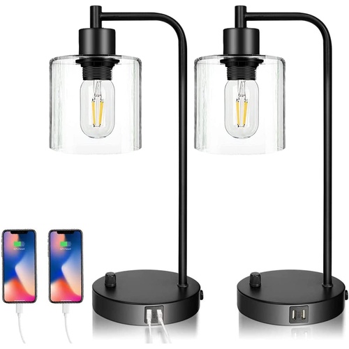 2x Pack Industrial Table Lamp with 2 USB Port for Bedside Nightstand Desk and Living Room Office (Bulb not Included)