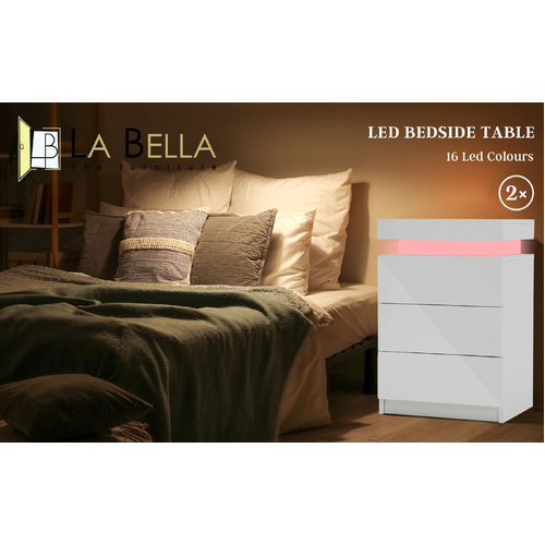2X Bedside Table 3 Drawers RGB LED Bedroom Cabinet Nightstand Gloss GLORY WHITE