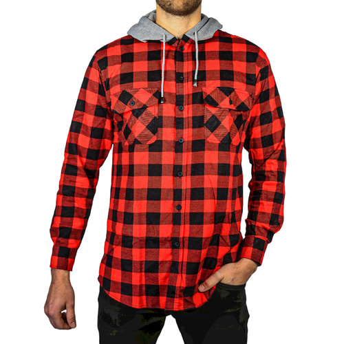 Mens Cotton Flannelette Shirt w Jersey Hood Long Sleeve Flannel - Red/Black - 4XL