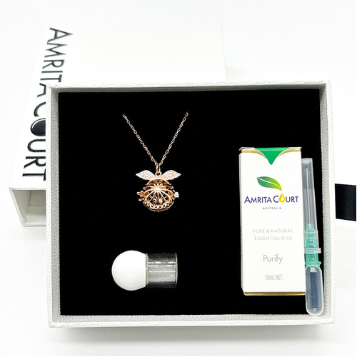 Gift Box - Angel Ball Rose Gold Aroma Necklace + Purify Oil Blend