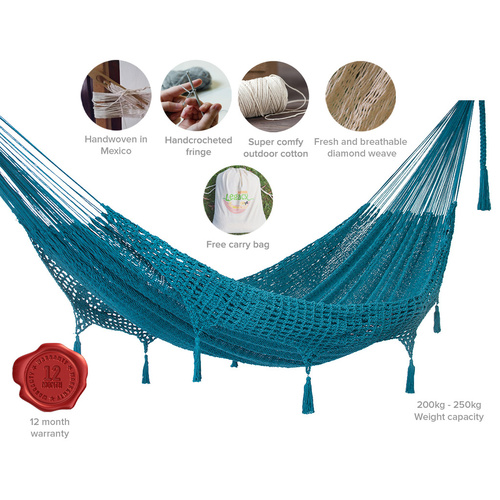 Outdoor undercover cotton Mayan Legacy hammock with hand crocheted tassels Queen Size Bondi